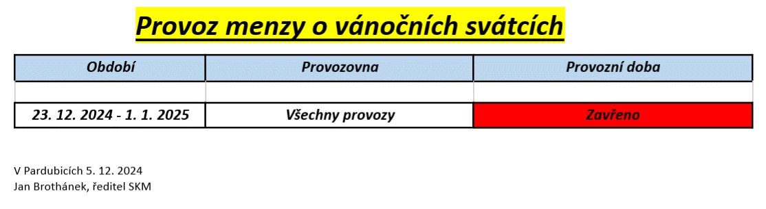 Provoz menzy během vánočních svátků 2024